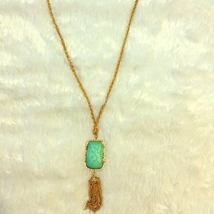 Long Gold Necklace; turquoise stone & tassels